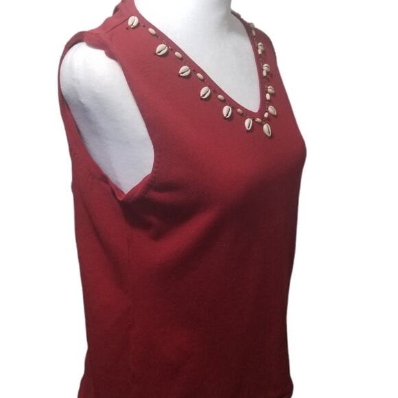 VNTG Dress Barn Red Spun Silk Blend Tank Top Size 10 Seashell Trim Nautical - Picture 6 of 9
